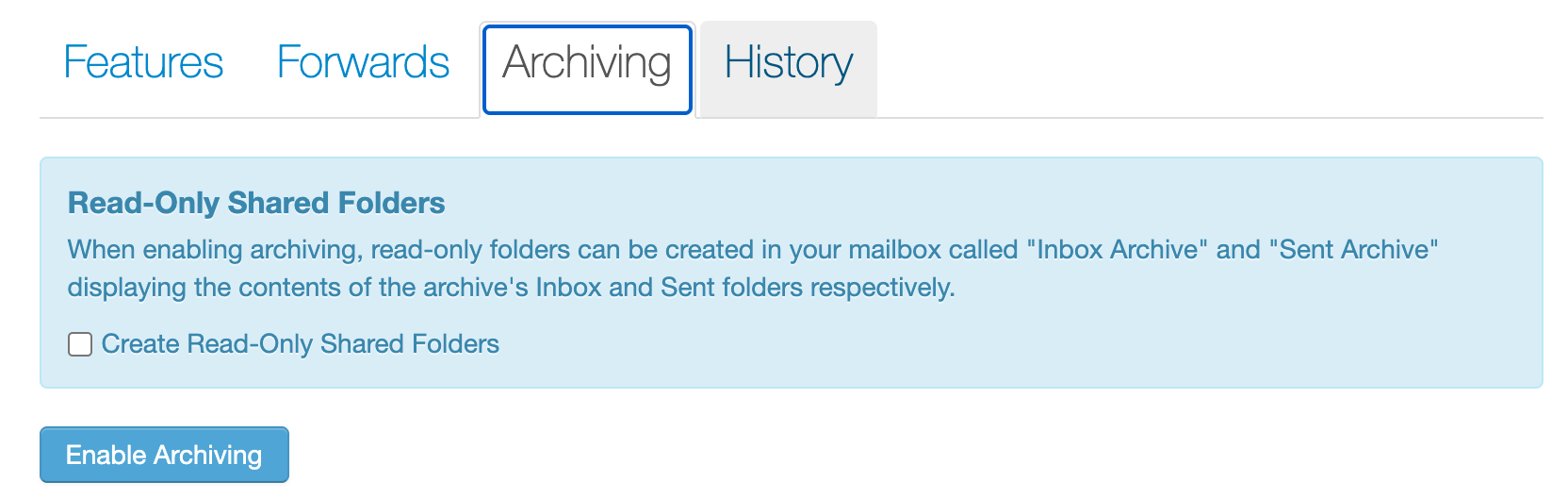 The Archiving tab in the control panel, with the Create Read-Only Shared Folders option and the Enable Archiving button