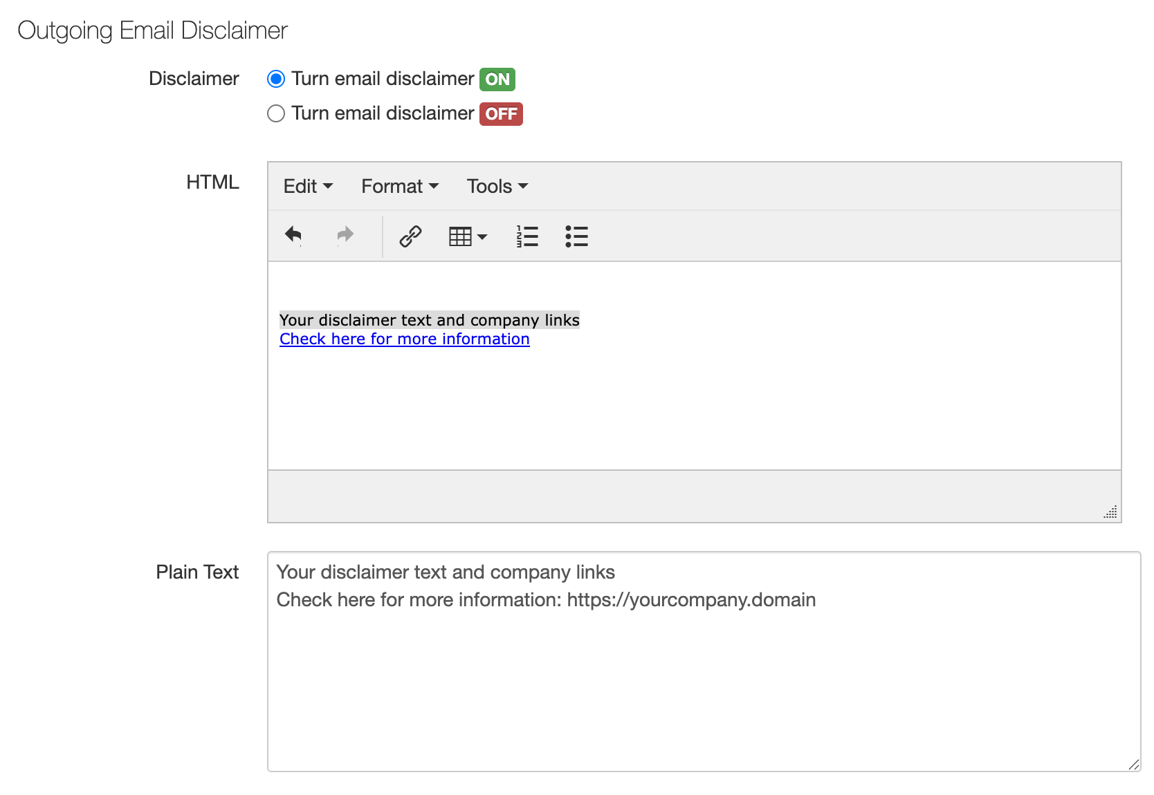 The Outgoing Email Disclaimer section of the Control Panel, showing the on and off setting with the HTML and plain text boxes