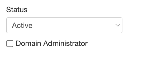 The Domain Administrator checkbox on a mailbox edit screen, below the Status setting