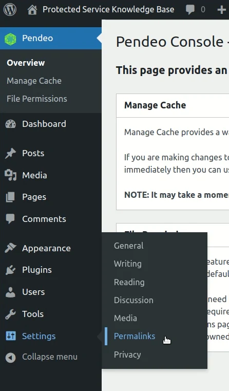 The Pendeo plugin at the top of the WordPress admin menu