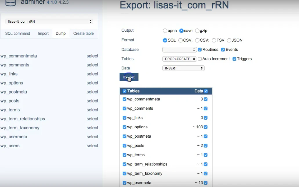 Step 3 – Login to your database and save your current database as a backup