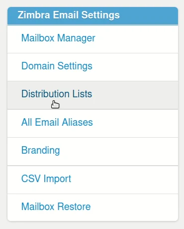 Under 'Zimbra Email Settings' click on Distribution Lists