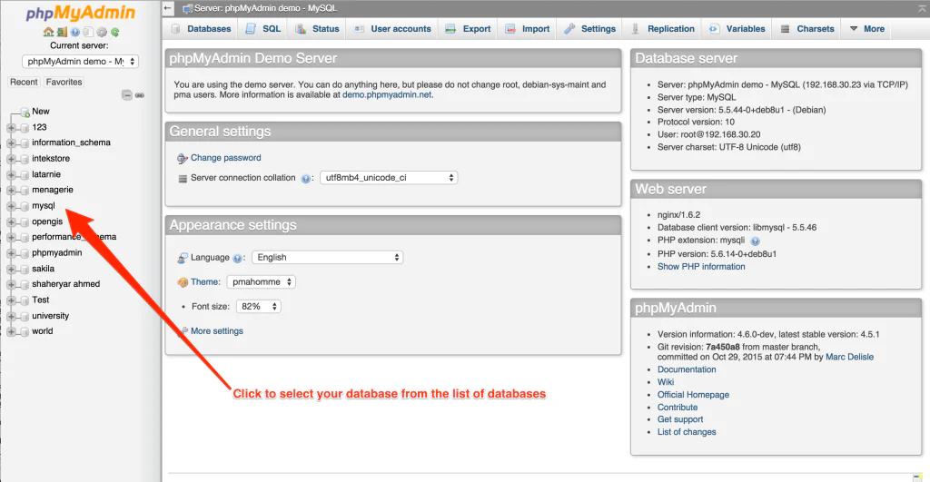 The following shows you how to export from PHPMyAdmin Step 1 – Select database
