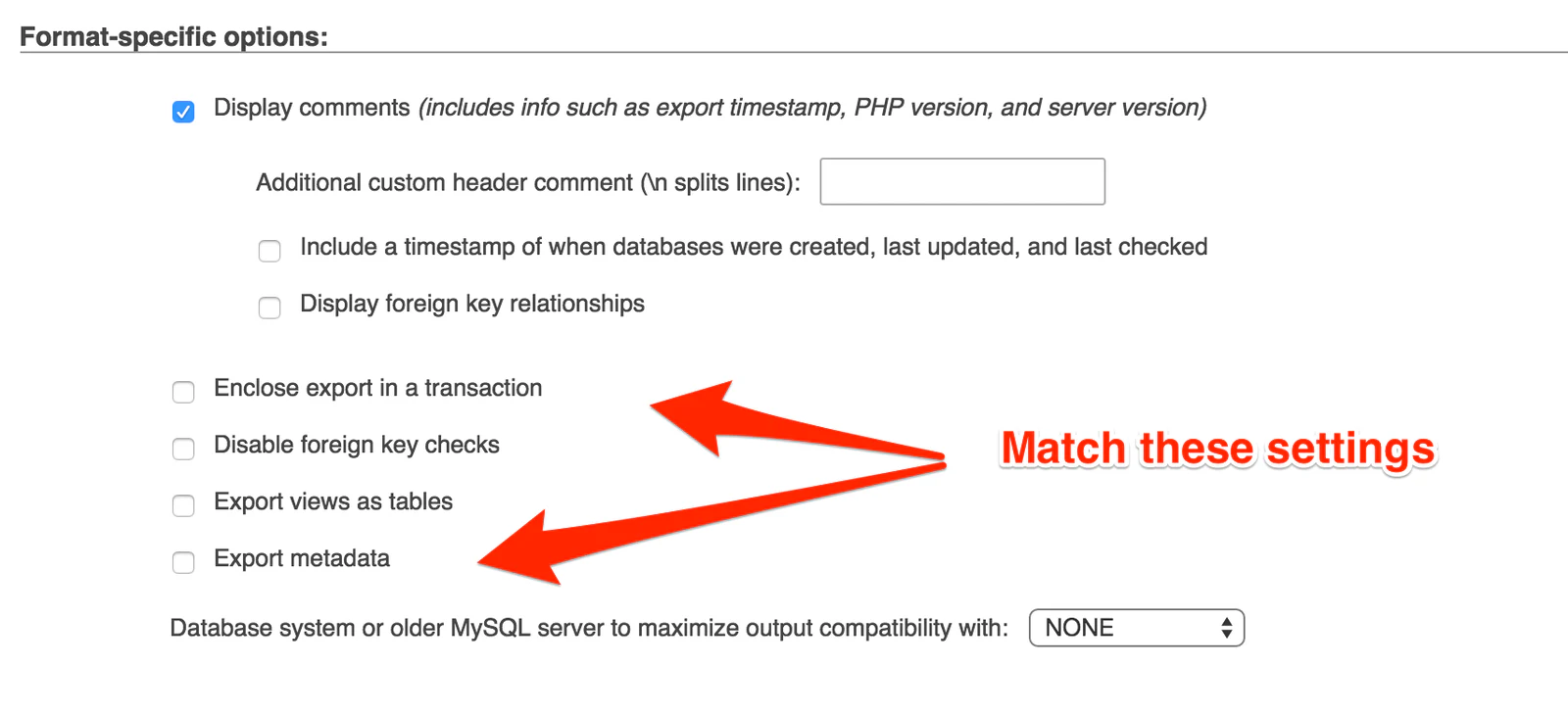 The following shows you how to export from PHPMyAdmin Step 1 – Select database  Step 2 – Click Export 
