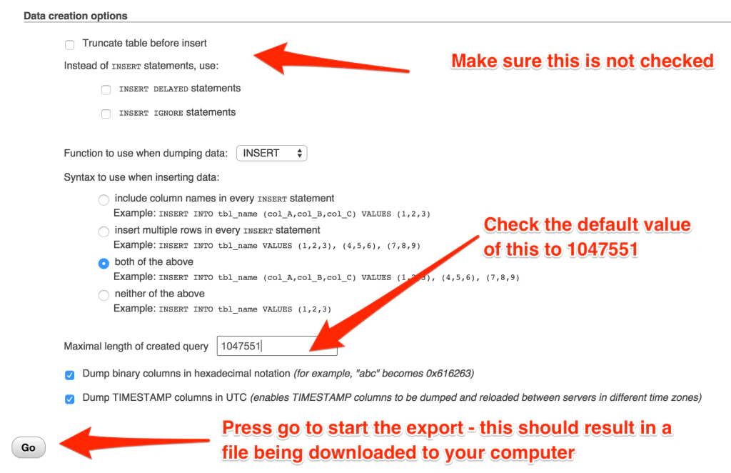The following shows you how to export from PHPMyAdmin Step 1 – Select database  Step 2 – Click Export 