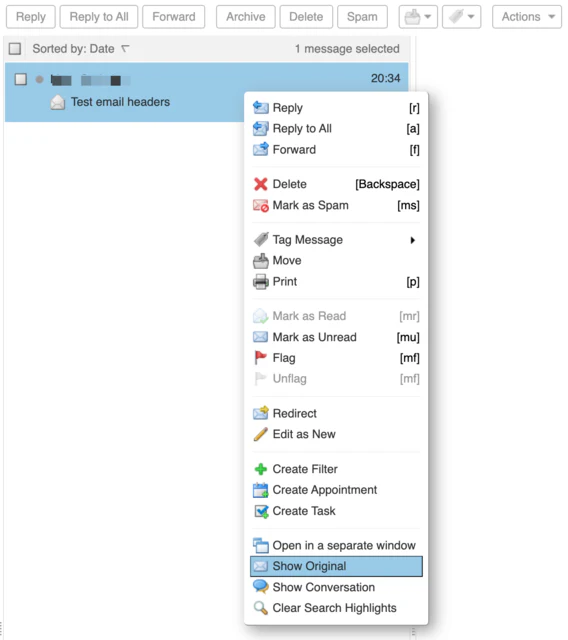 The right-click menu in the classic Zimbra web app, with Show Original highlighted