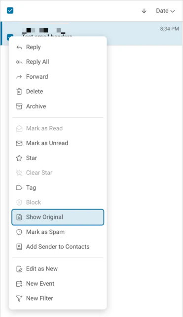 The right-click menu in the modern Zimbra web app, with Show Original highlighted