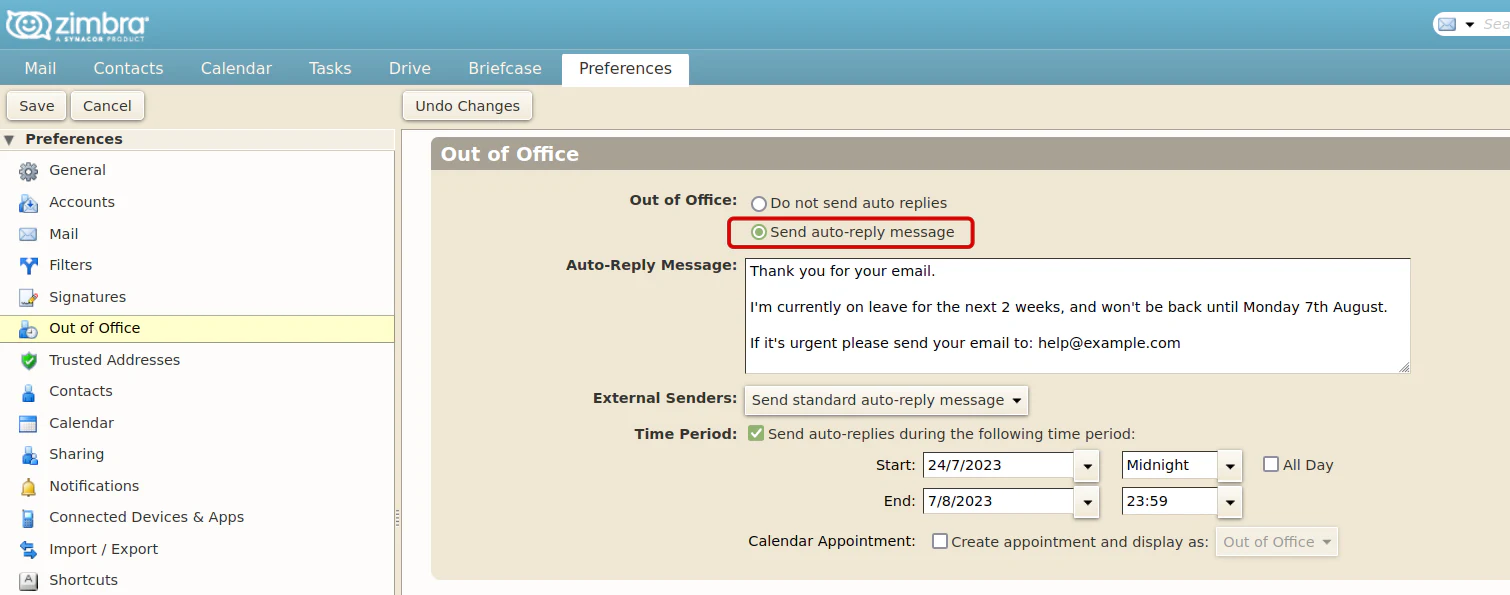 In the 'Out of Office' dialog select 'Send auto-reply message'