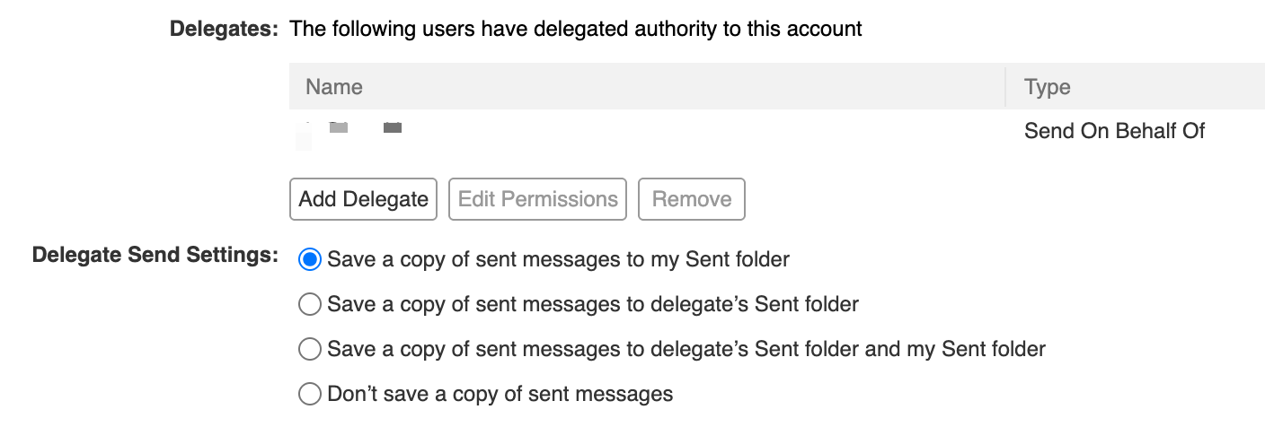 The Delegates panel in Zimbra webmail, with Add Delegate and the Delegate Send Settings options for where a sent copy is saved