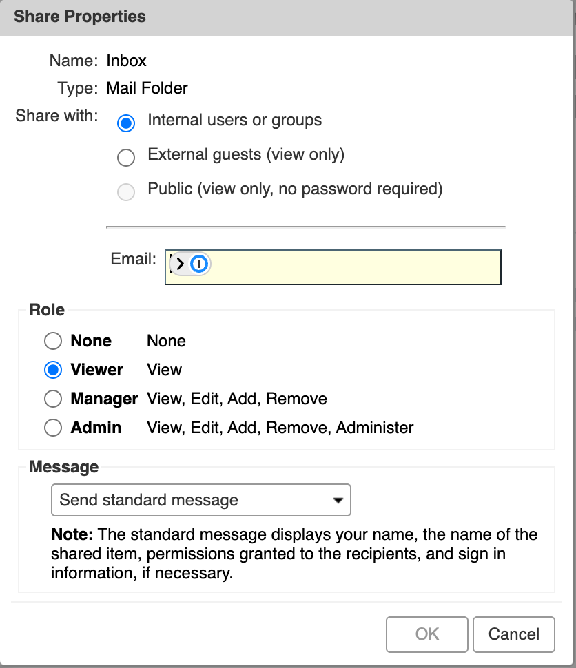 The Share Properties window, showing who to share with, the role options, and the message sent to the recipient
