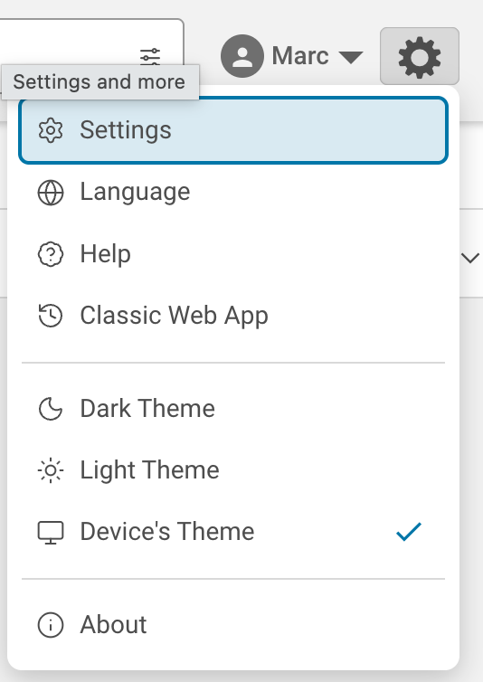 The Settings and more menu in the modern web app, with the Classic Web App option