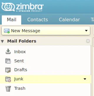 The Zimbra webmail folder list, showing the Junk folder below Drafts