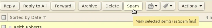 The Spam button on the Zimbra webmail toolbar, with the tooltip Mark selected items as Spam