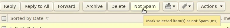 The Not Spam button on the Zimbra webmail toolbar, with the tooltip Mark selected items as not Spam