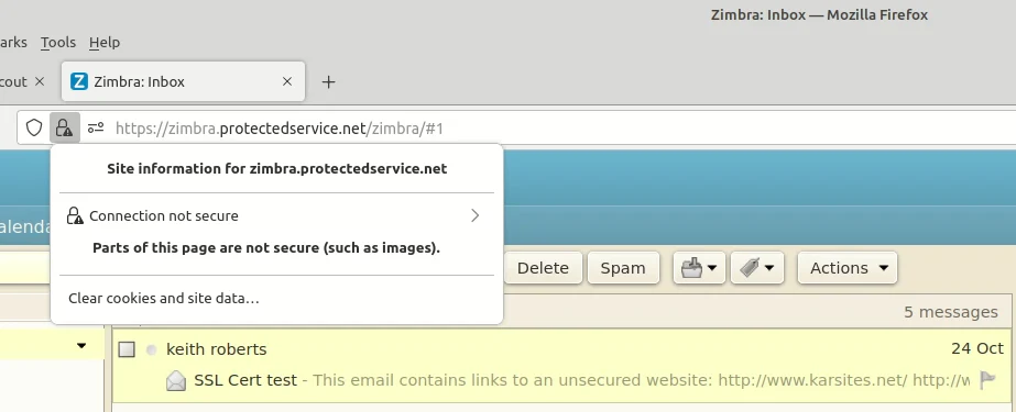 The browser padlock menu reporting that the connection is not secure