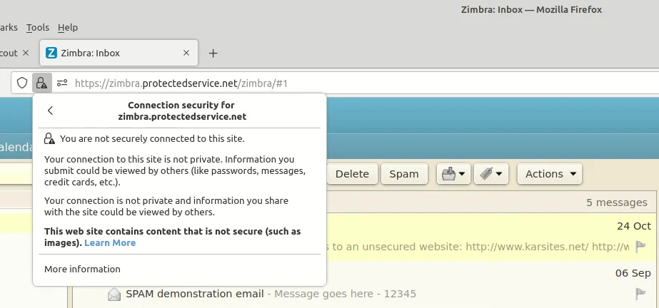 The browser's connection detail panel, naming the parts of the page loaded without encryption