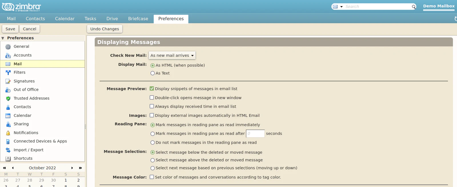 The Images setting under Preferences, Mail, Displaying Messages in Zimbra webmail
