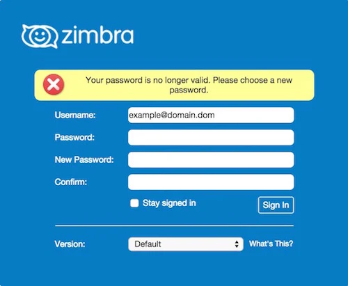 The Zimbra expired-password screen shown after signing in