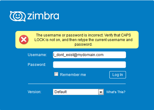 The Zimbra sign-in failure message